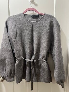 Gray Tie-Waist Wool Blend Jacket